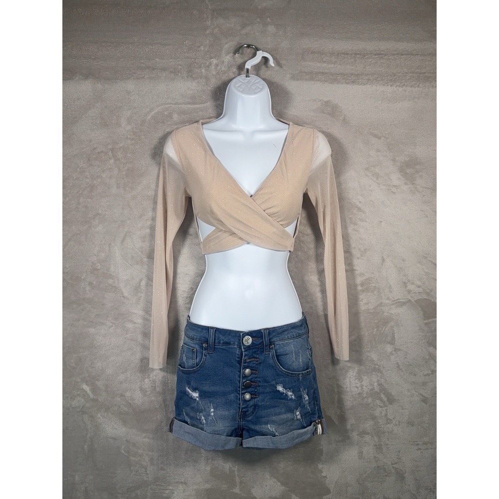 MESHKI Crop Top Shirt Womens Size Small Beige‎ Cut Out Wrap Long Sleeve Party